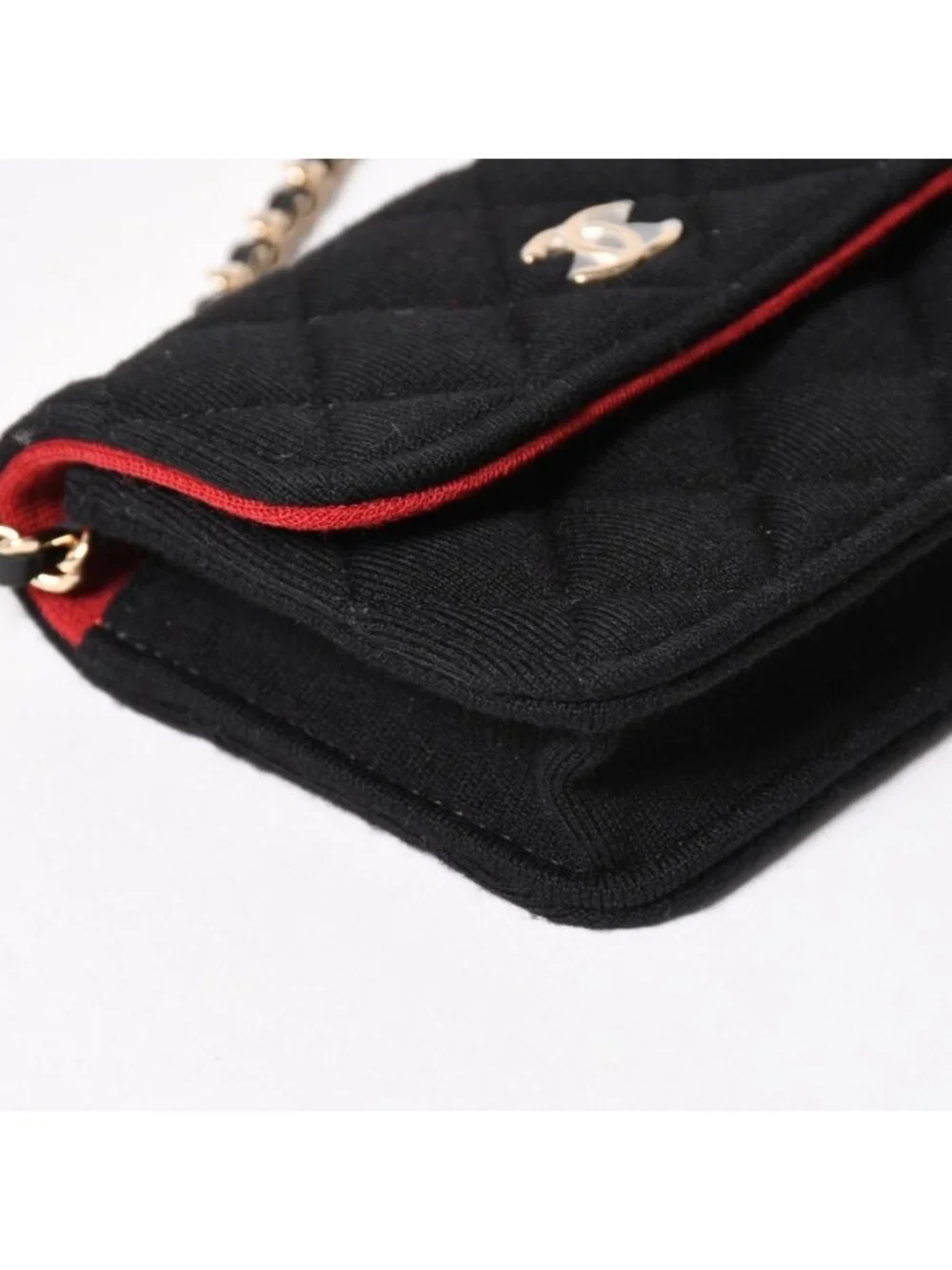Chanel Mini Quilted Chain Shoulder Bag CC Logo Stand Black Gold Cotton